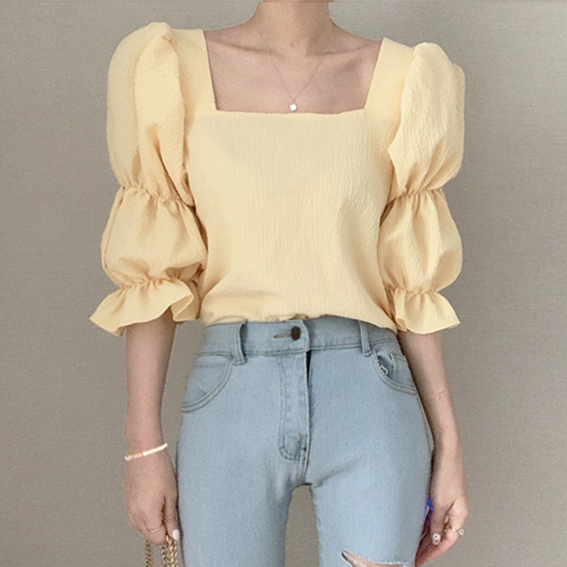 Chiffon lining with ruffled square collar and puffed sleeves to show slimming collarbone